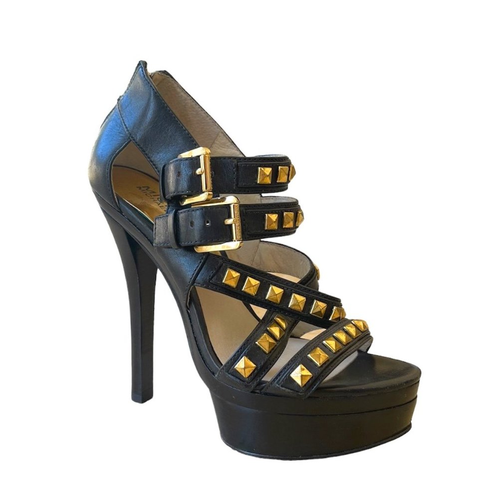 Michael Kors Black Gold Studded Platform Strappy Heel size 5.5